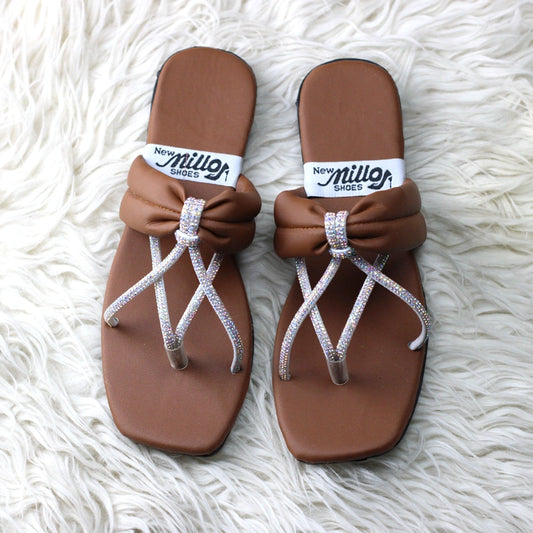 Luxury Rhinestone Bow Flats – Elegant Brown Festive Slides for Women