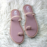 White Pearl Embellished Toe-Ring Flats – Elegant Summer Collection