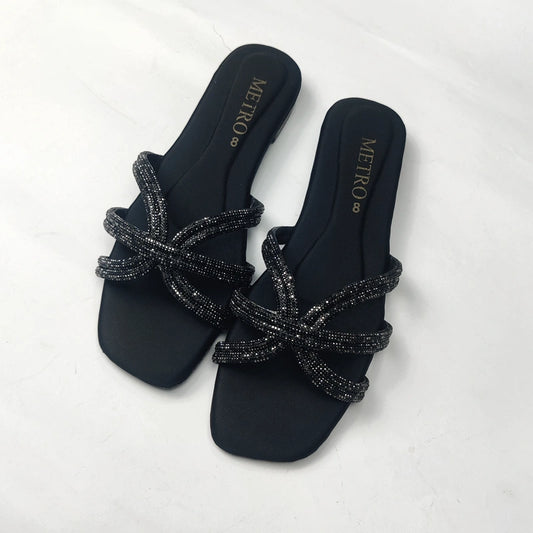 Elegant Rhinestone Cross Strap Ladies Slippers – Fancy Flats for Women