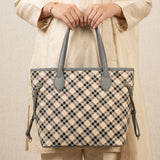 Classic Checkered Pattern Tote Bag with Grey Leatherette Accents