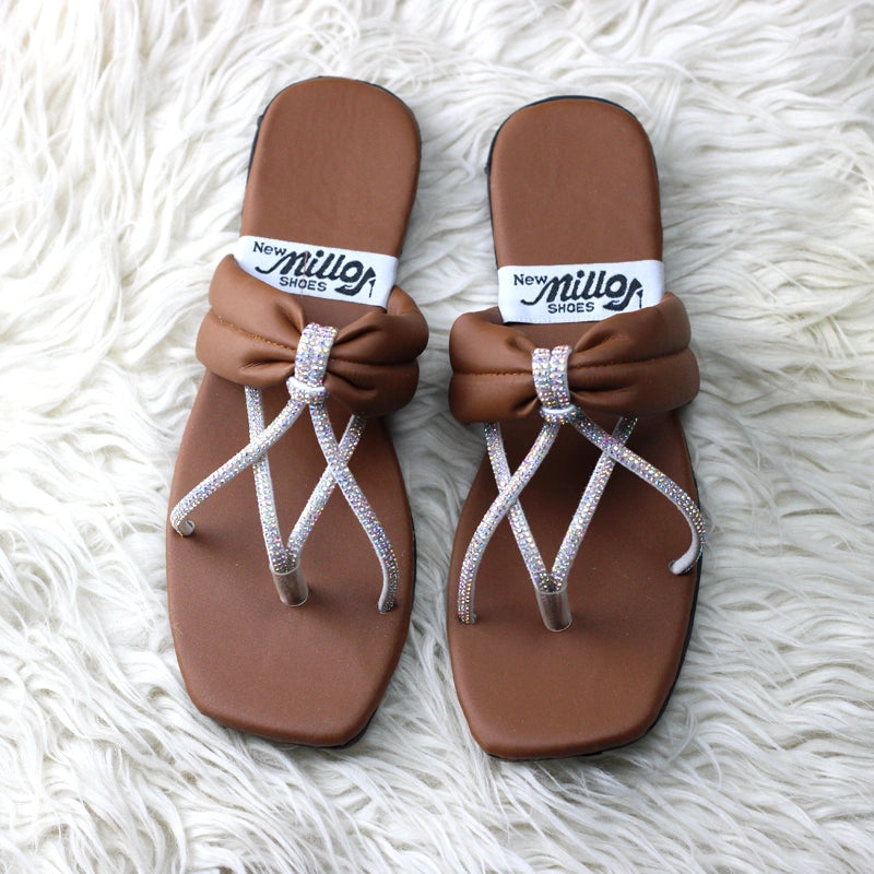 Luxury Rhinestone Bow Flats – Elegant Brown Festive Slides for Women