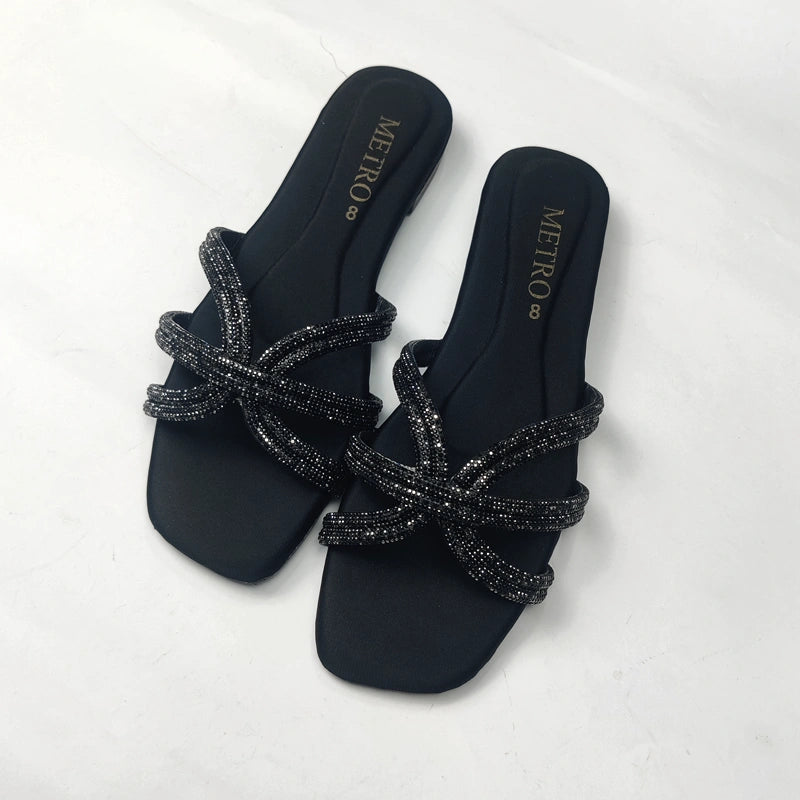 Elegant Rhinestone Cross Strap Ladies Slippers – Fancy Flats for Women