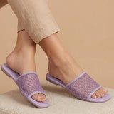 Women's Square-Toe Geometric Mesh Upper Flat Slippers | Casual Slip-On Slides