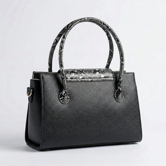 Luxury Snakeskin Textured Top-Handle Handbag for Women – Elegant Black Shoulder Bag with Metallic Buckle