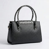 Luxury Snakeskin Textured Top-Handle Handbag for Women – Elegant Black Shoulder Bag with Metallic Buckle