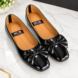 Women's Patent Nude Square Toe Flat with Bow - Comfortable Casual Loafers