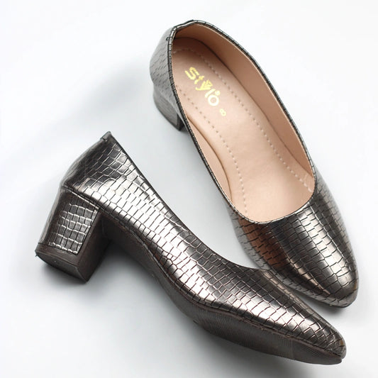 Croc-Textured Block Heel Pumps for Women