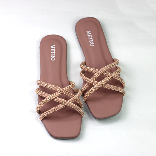 Women’s Embellished Criss-Cross Strap Flat – Elegant Square Toe Slip-Ons