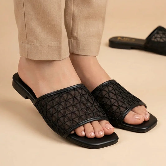 Women's Square-Toe Geometric Mesh Upper Flat Slippers | Casual Slip-On Slides