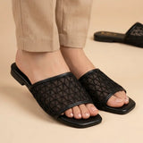 Women's Square-Toe Geometric Mesh Upper Flat Slippers | Casual Slip-On Slides