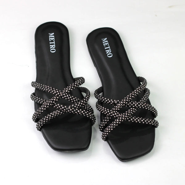 Women’s Embellished Criss-Cross Strap Flat – Elegant Square Toe Slip-Ons
