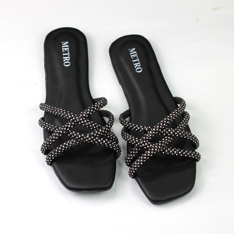 Women’s Embellished Criss-Cross Strap Flat – Elegant Square Toe Slip-Ons