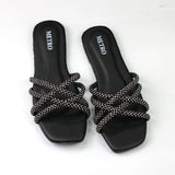 Women’s Embellished Criss-Cross Strap Flat – Elegant Square Toe Slip-Ons
