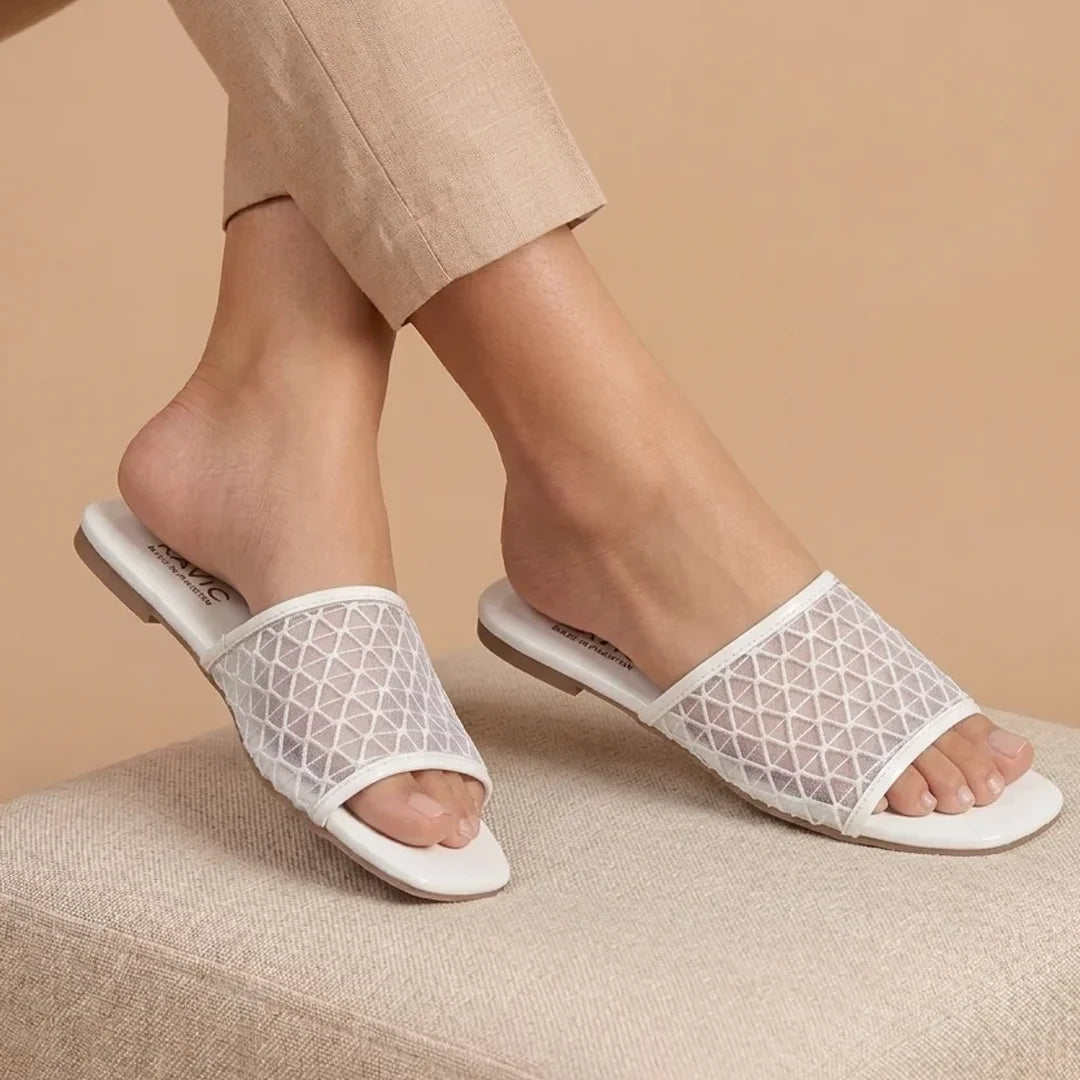 Women's Square-Toe Geometric Mesh Upper Flat Slippers | Casual Slip-On Slides