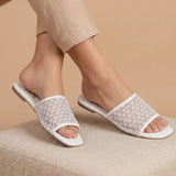 Women's Square-Toe Geometric Mesh Upper Flat Slippers | Casual Slip-On Slides