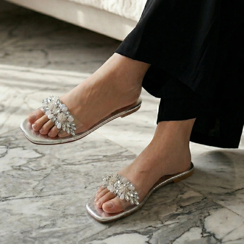 Zari Crystal Embellished Transparent Strap Flat – Festive Collection