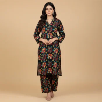 Midnight Flora Digital Print Khadar 2-Piece Suit – Bold Multi-Color Co-ord Set