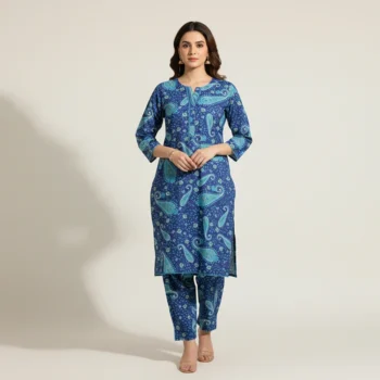 Sapphire Paisley Digital Print Khadar 2-Piece Suit – Classic Blue Winter Co-ord Set