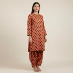 Premium Khaddar 2-Piece Printed Suit – Burnt Orange & Black Polka Dot Kameez Shalwar