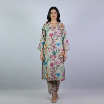 Beige Multi-Color Floral Khaddar 2-Piece Suit – Elegant Printed Trousers & Kameez Co-ord Set