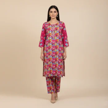 Vibrant Magenta Floral Khaddar 2-Piece Suit – Printed Winter Co-ord Set with Straight Trousers