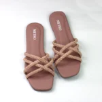 Women’s Embellished Criss-Cross Strap Flat – Elegant Square Toe Slip-Ons