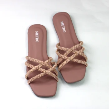 Women’s Embellished Criss-Cross Strap Flat – Elegant Square Toe Slip-Ons