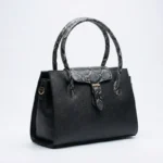 Luxury Snakeskin Textured Top-Handle Handbag for Women – Elegant Black Shoulder Bag with Metallic Buckle