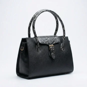 Luxury Snakeskin Textured Top-Handle Handbag for Women – Elegant Black Shoulder Bag with Metallic Buckle