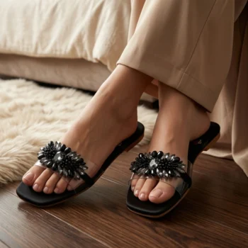 Zari Crystal Embellished Transparent Strap Flat - Festive Collection