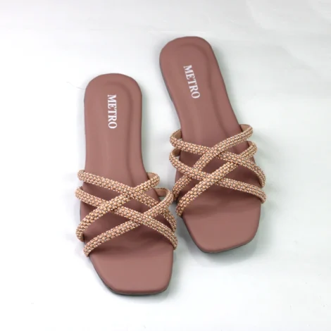 Women’s Embellished Criss-Cross Strap Flat – Elegant Square Toe Slip-Ons