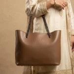 Elegant Coffee Brown Vegan Leather Tote with Gunmetal Chain Straps