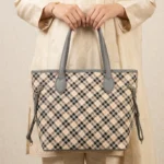 Classic Checkered Pattern Tote Bag with Grey Leatherette Accents